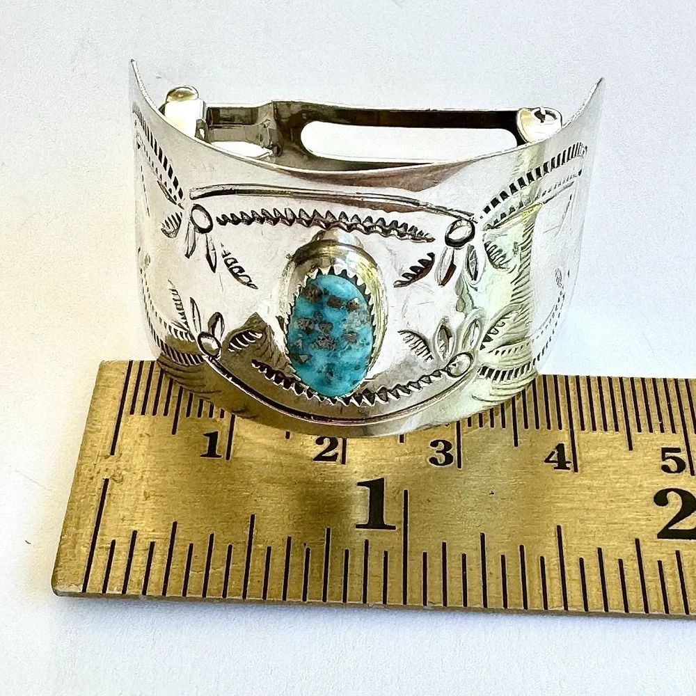 Navajo Hair Clip Turquoise Ponytail Tie Hand Stamped‎ Sterling Ornament